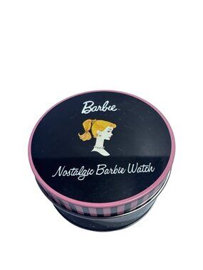 Vintage Barbie Nostalgic Watch Tin Round Decorative Black Pink Lid Empty Contain